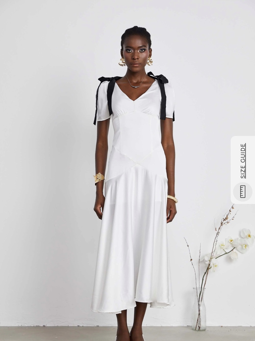 White Midi Dress with Black Tie-Shoulder Straps
